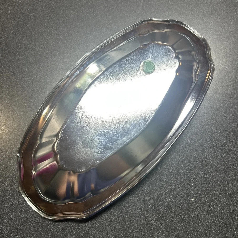 Silver Plated Serving Tray  Oval Etched Retro Decor Platter
